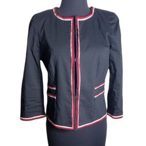 DKNY black red white trim detail tailored blazer hook & eye front jacket size 8